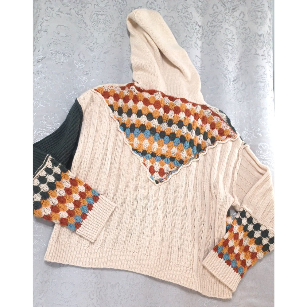 Miss Me Women's Cardigan Sweater Hood Tie Beige Check Aztec Sz M Acrylic Country - Picture 2 of 13